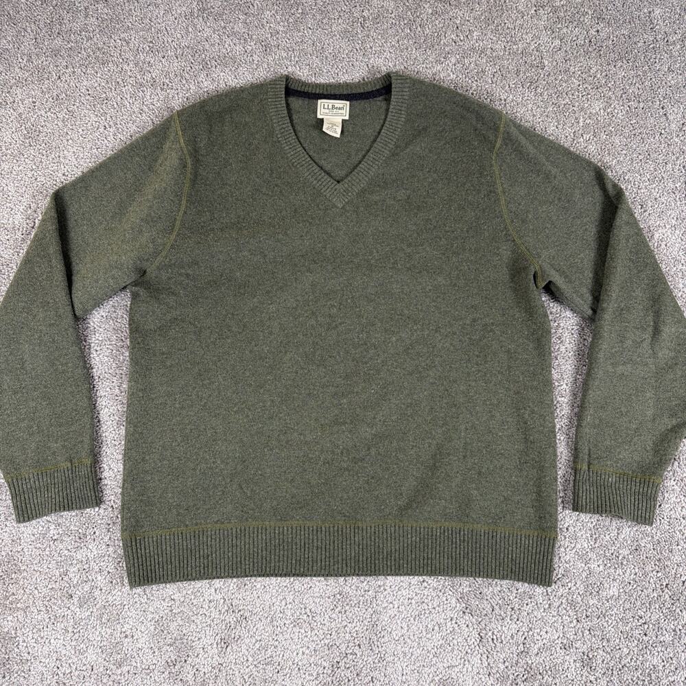 LL Bean Sweater Mens M 100% Cashmere Olive Green Pullover Normcore V-Neck